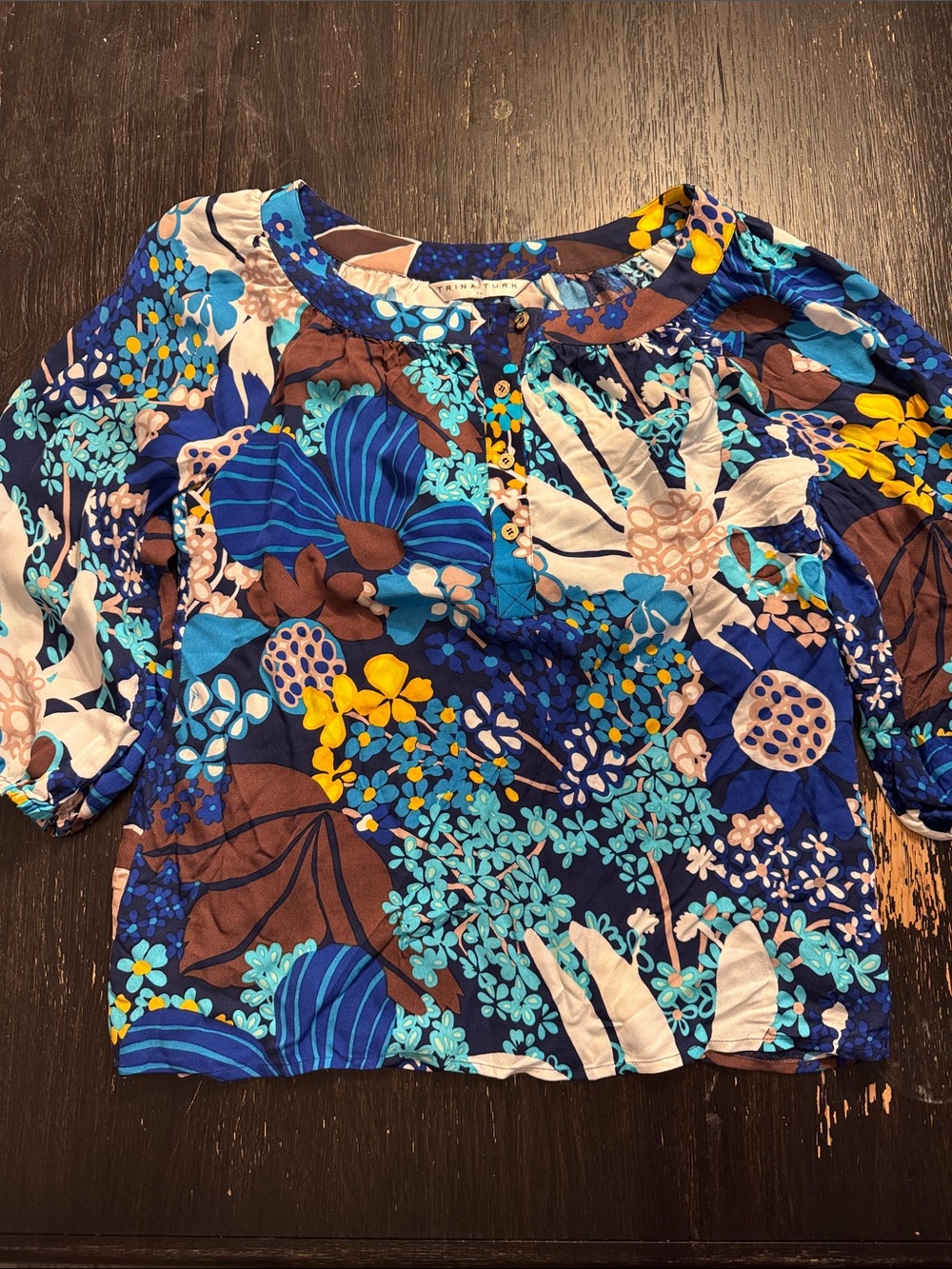 Trina Turk Navy Blue Multicolor Floral Puff-Sleeve Blouse